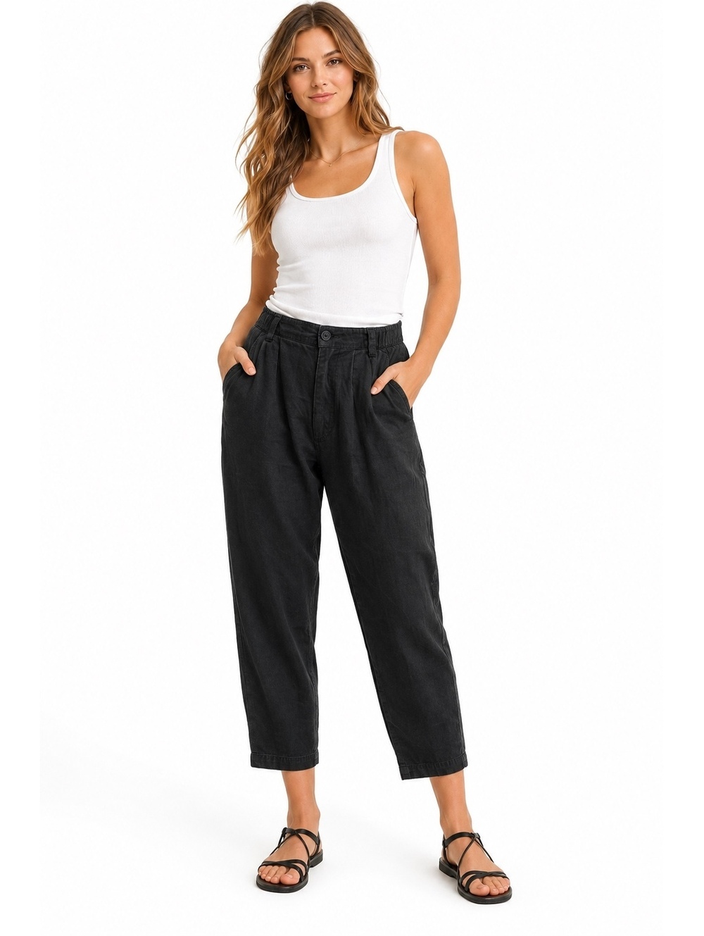 055. Free People•Black•High-rise tapered ankle pants•Size 10(UK14)